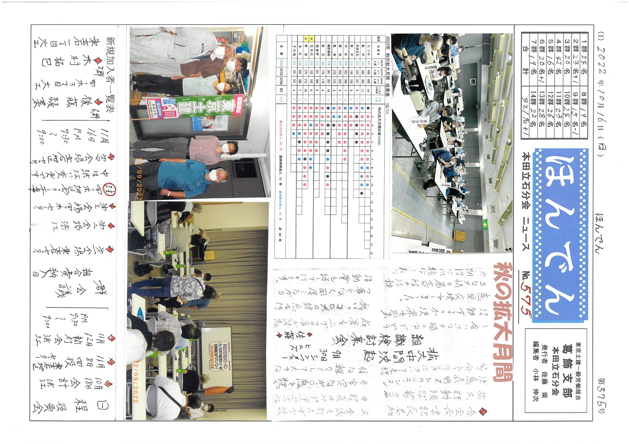 本田立石分会新聞　１０月号表面　575号