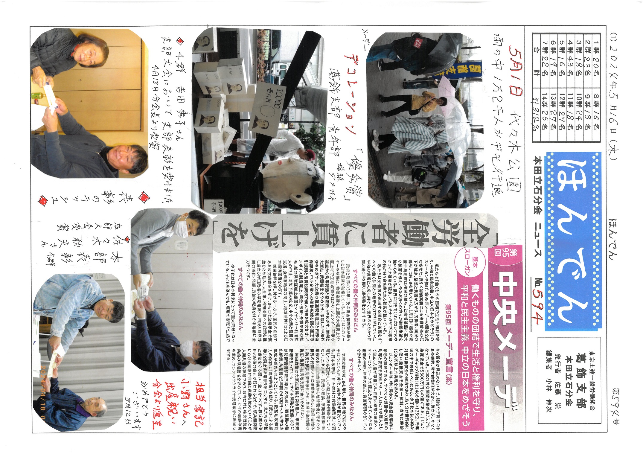 本田立石分会新聞　５月号表面　594号