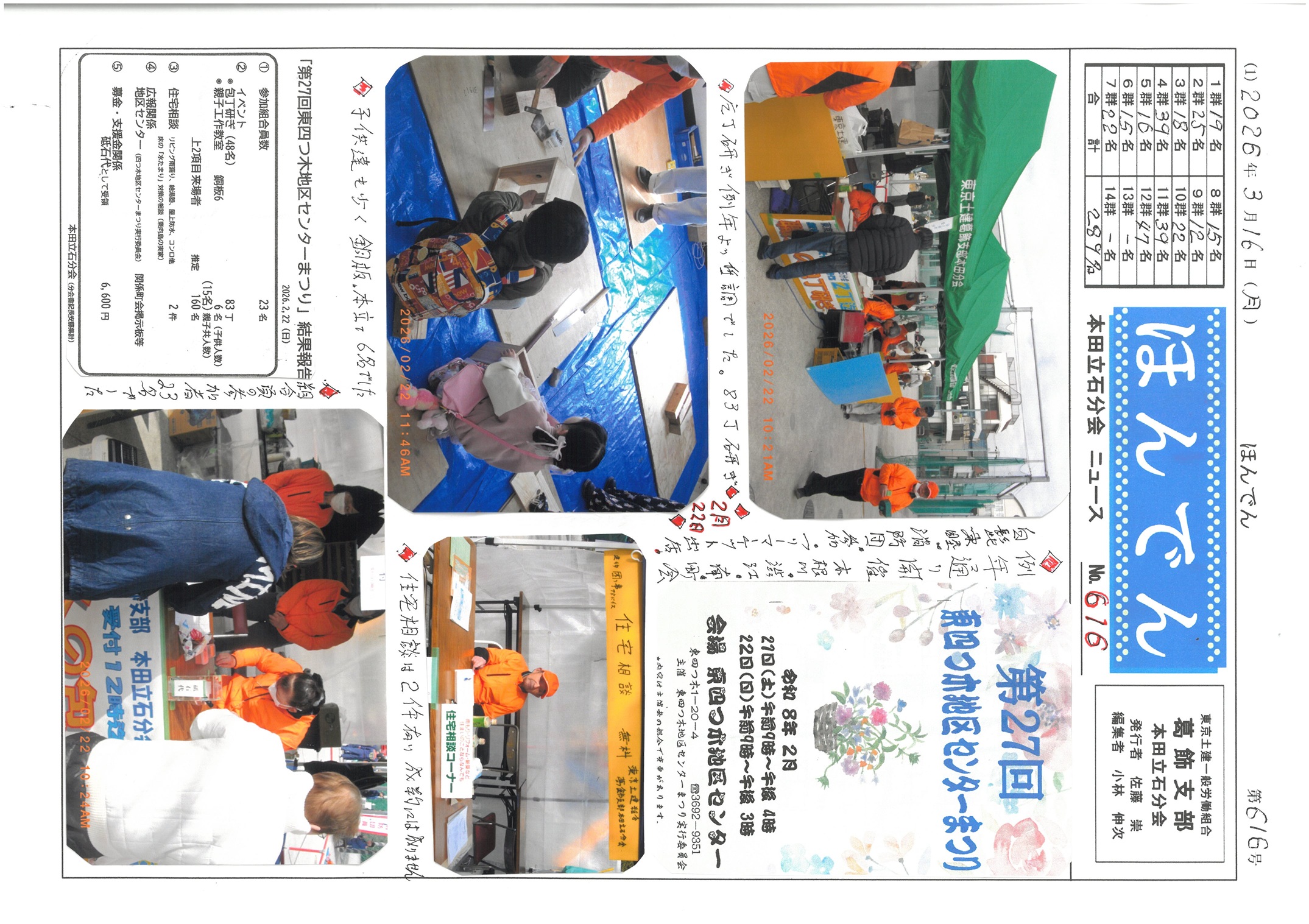 本田立石分会新聞　３月号表面　616号