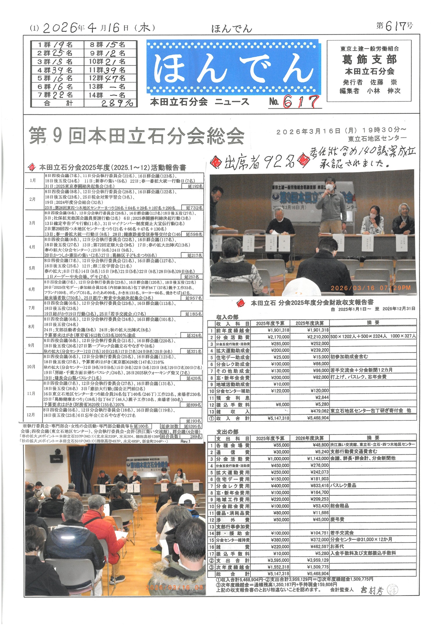 本田立石分会新聞　4月号　617号　表面